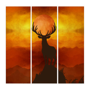 Deer Buck on top of Mountain with sunset Triptych