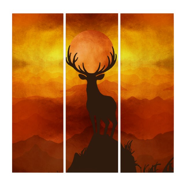 Deer Buck on top of Mountain with sunset Triptych (Front)