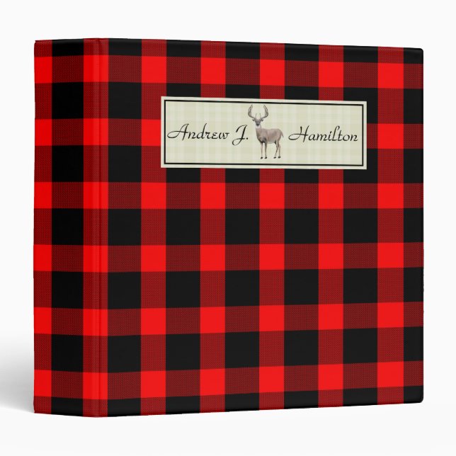 Deer Buck Red Black Buffalo Plaid Name 3 Ring Binder (Front/Spine)