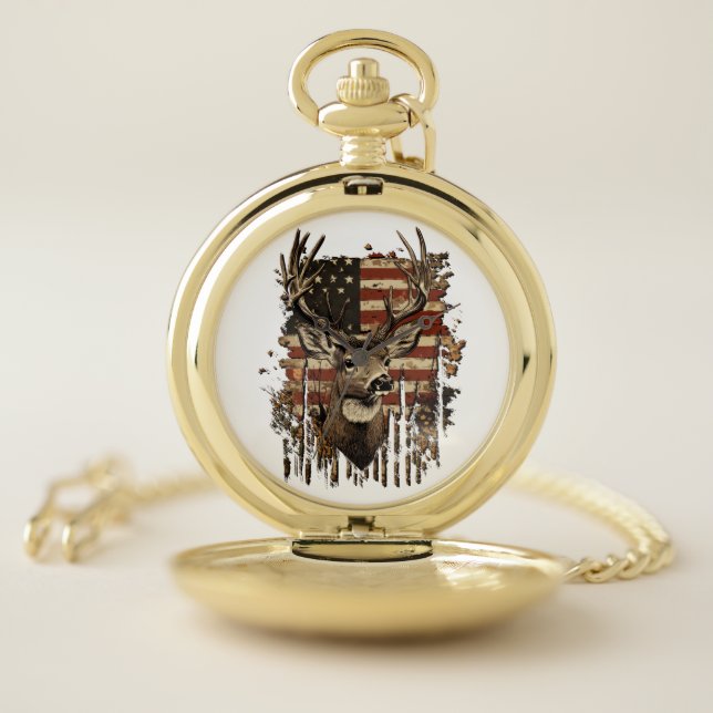 Deer, Buck Season USA Flag Pocket Watch (Inside)