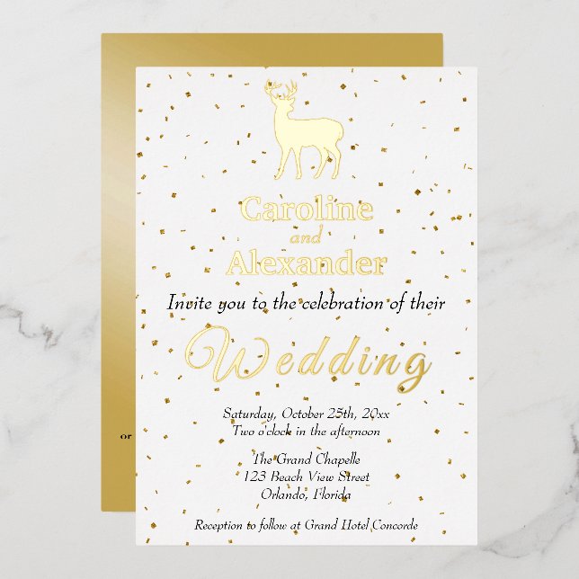 Deer Buck Silhouette & Glittery Gold Confetti Foil Invitation (Front/Back)