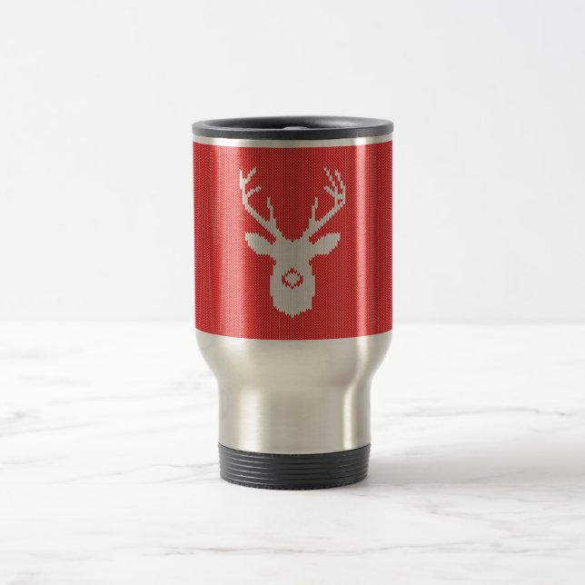 Deer Buck Silhouette in Red Sweater Knitting Travel Mug (Center)