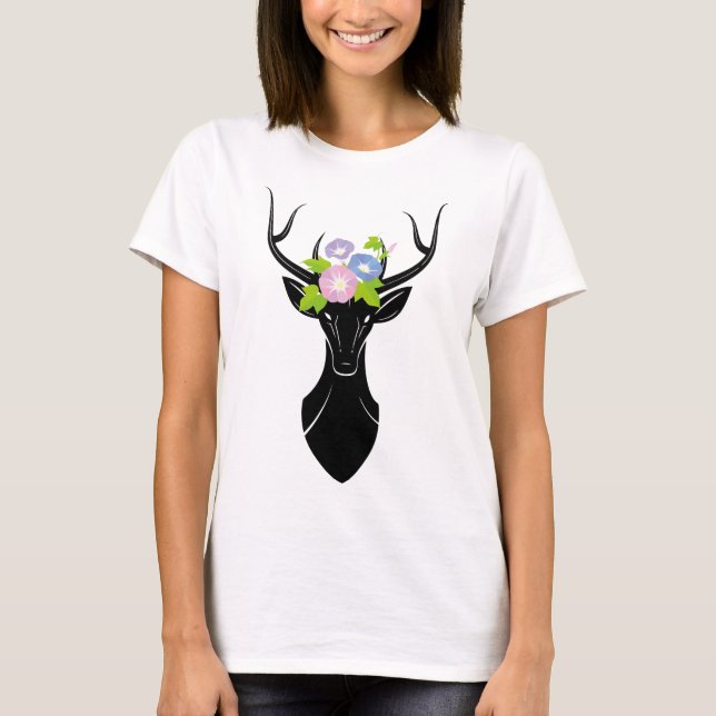 Deer Buck Silhouette Morning Glory flowers Animals T-Shirt (Front)