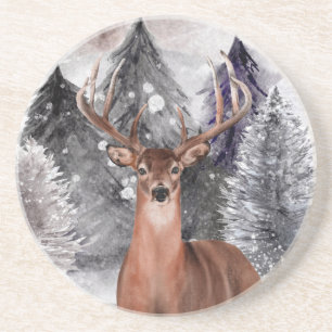 Deer Buck Watercolor Winter Forest Stone Coaster