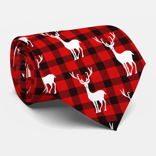Deer Buffalo Plaid Red Black tie Lumberjack (Rolled)