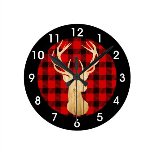 Deer Buffalo Plaid Wood Rustic Woodland Round Clock