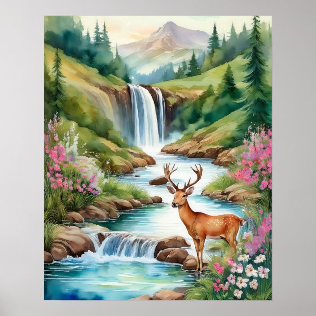 Deer by Waterfall 3 Poster (Front)