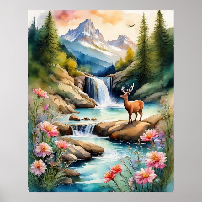 Deer by Waterfall 4 Poster (Front)