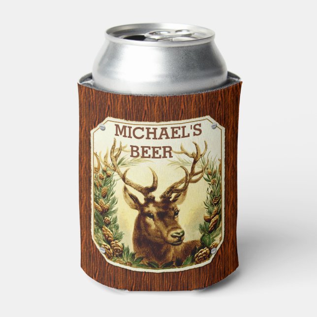 Deer Cabin Personalized Beer Rustic Wood Grain Can Cooler (Can Front)