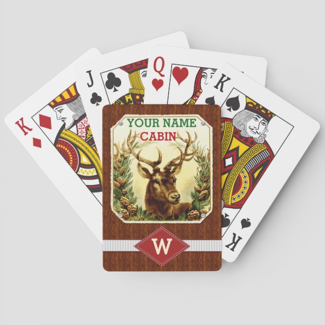 Deer Cabin Personalized Monogram with Wood Grain Poker Cards (Back)