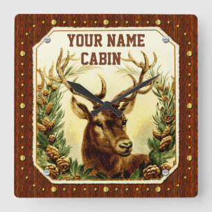 Deer Cabin Personalized Name Wood Grain Vintage Square Wall Clock