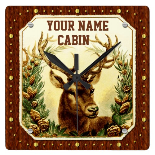 Deer Cabin Personalized Name Wood Grain Vintage Square Wallclock