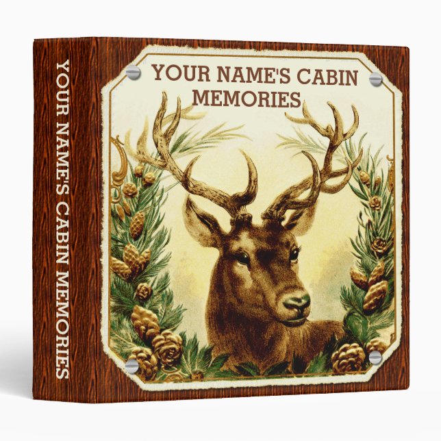 Deer Cabin Personalized with Wood Grain 3 Ring Binder (Front/Spine)