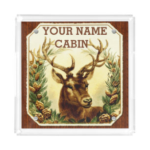 Deer Cabin Personalized with Wood Grain Acrylic Tray