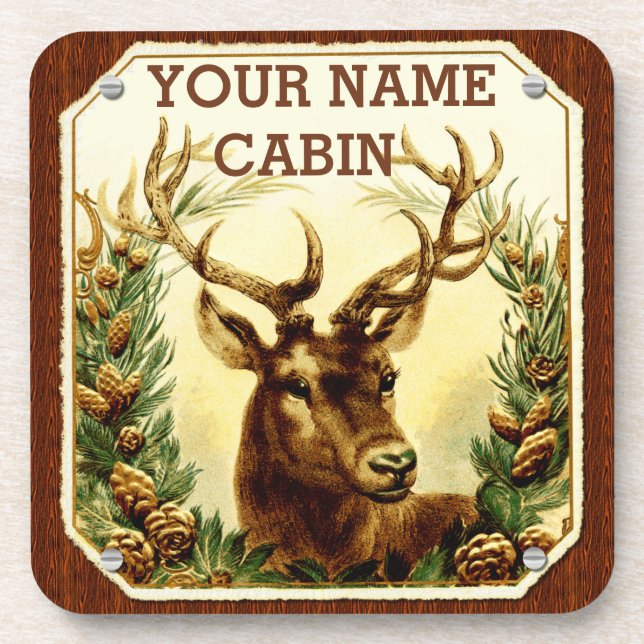 Deer Cabin Personalized with Wood Grain Beverage Coaster (Front)