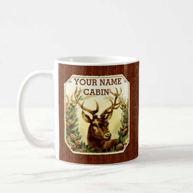 Deer Cabin Personalized with Wood Grain Coffee Mug (Left)