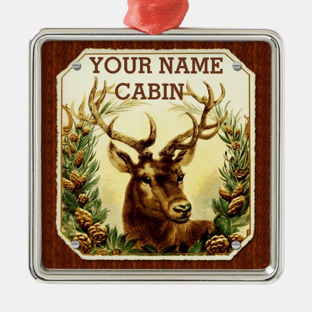 Deer Cabin Personalized with Wood Grain Metal Ornament (Front)