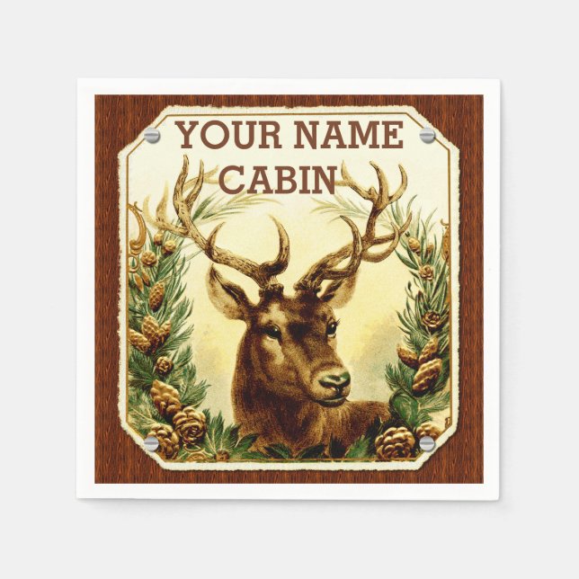 Deer Cabin Personalized with Wood Grain Paper Napkins (Front)