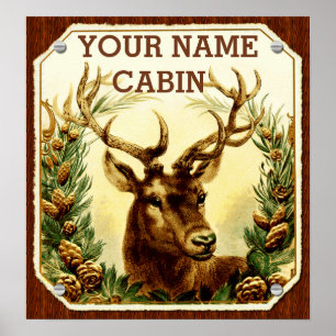 Deer Cabin Personalized with Wood Grain Poster