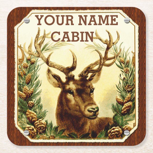 Deer Cabin Personalized with Wood Grain Square Paper Coaster (Front)