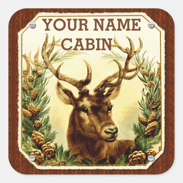Deer Cabin Personalized with Wood Grain Square Sticker (Front)