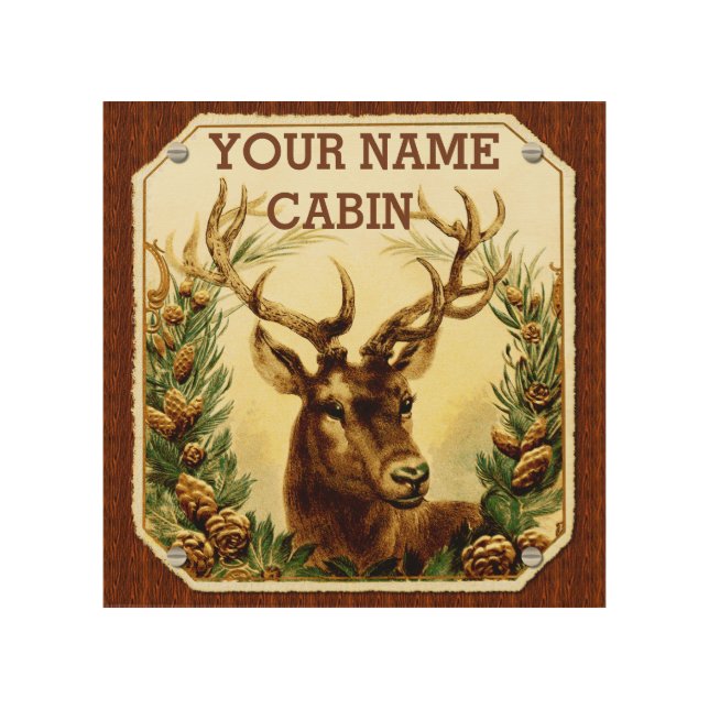 Deer Cabin Personalized with Wood Grain Wood Wall Decor (Front)