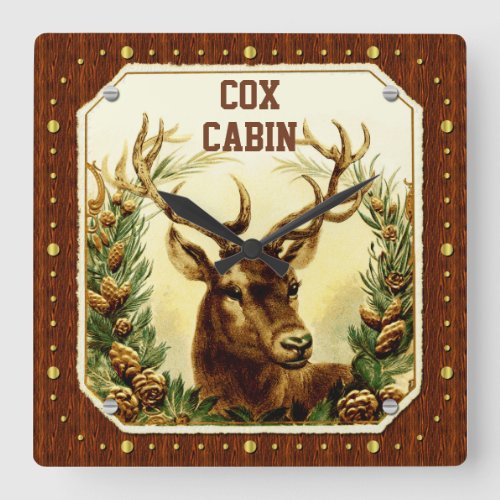 Deer Cabin Wood Grain Vintage Custom Design Square Wall Clock