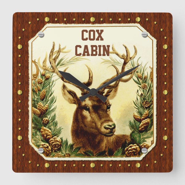 Deer Cabin Wood Grain Vintage Custom Design Square Wall Clock (Front)