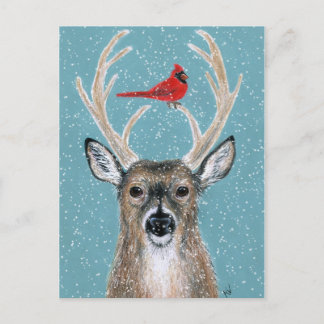 Deer, cardinal, snow, Christmas winter postcard