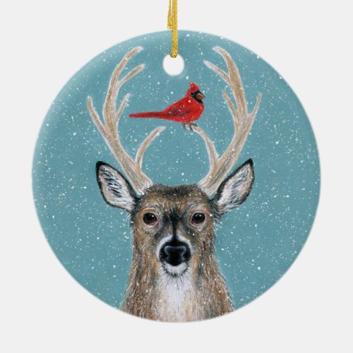 Deer Cardinal Snow Woodland Snow ornament