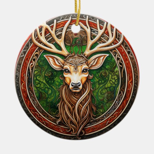 Deer Celtic Knot Red Green Ceramic Ornament