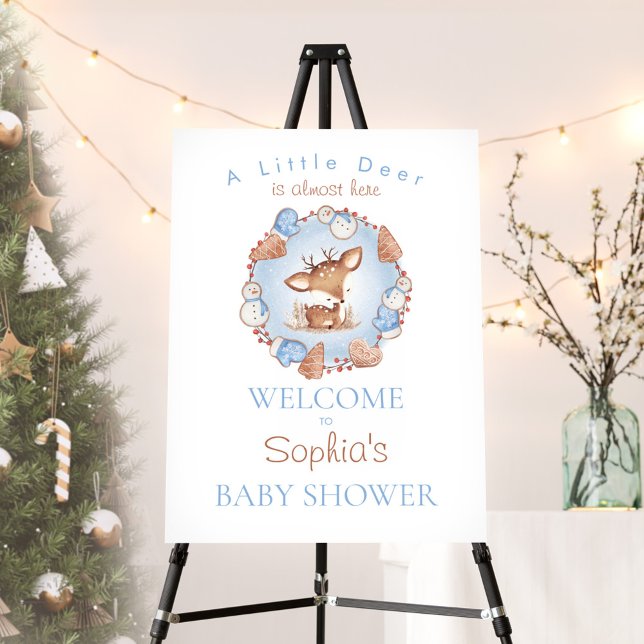Deer Christmas Baby Shower Welcome Sign Foam Board (Christmas shower welcome sign in blue with a cute deer)