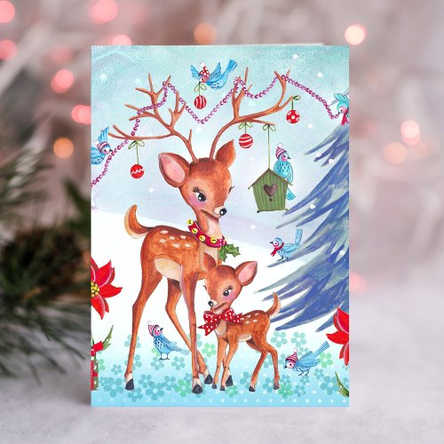 Deer Christmas Birds  Holiday Greeting card