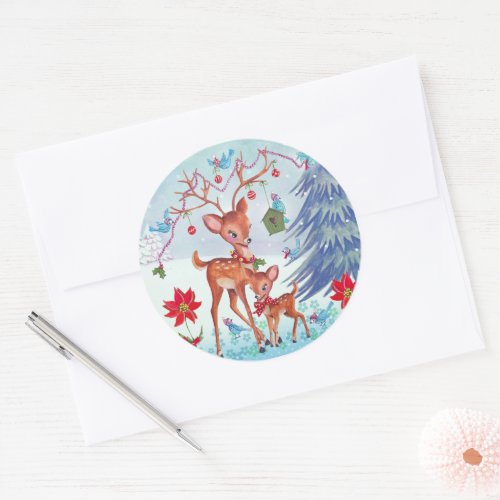 Deer Christmas Birds  Holiday Greeting card Classic Round Sticker