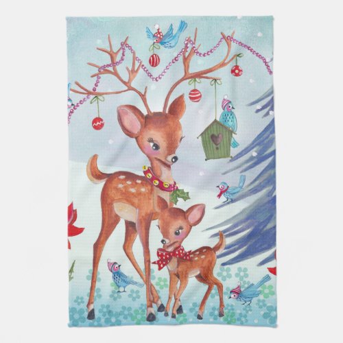 Deer Christmas Birds  Holiday Greeting card Kitchen Towel