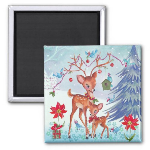 Deer Christmas Birds  Holiday Greeting card Magnet