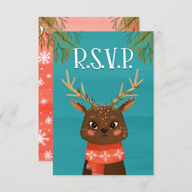 Deer Christmas Blue Red RSVP Card (Front/Back)