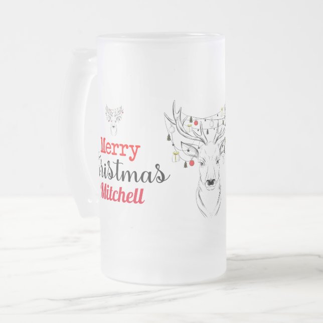 Deer Christmas Personalized Frosted Glass Beer Mug (Front Left)