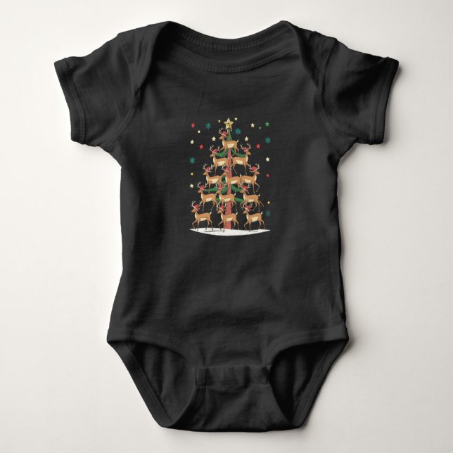 Deer Christmas Tree Funny Holiday Cute Reindeer  Baby Bodysuit (Front)