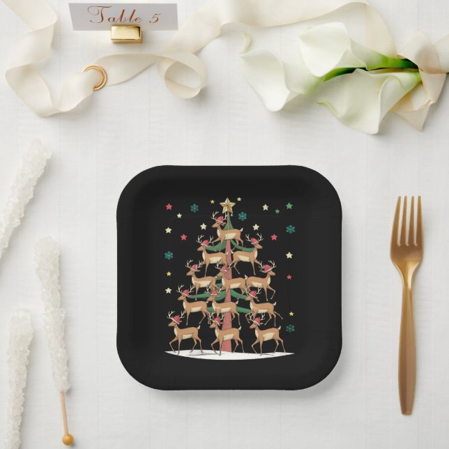Deer Christmas Tree Funny Holiday Cute Reindeer  Paper Plates (Wedding)