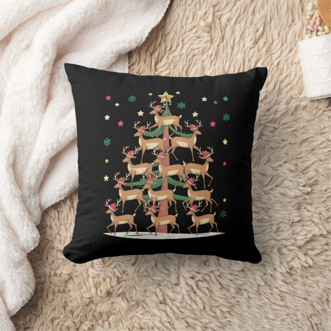 Deer Christmas Tree Funny Holiday Cute Reindeer  Throw Pillow (Blanket)