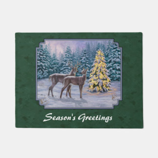 Deer & Christmas Tree Green Doormat