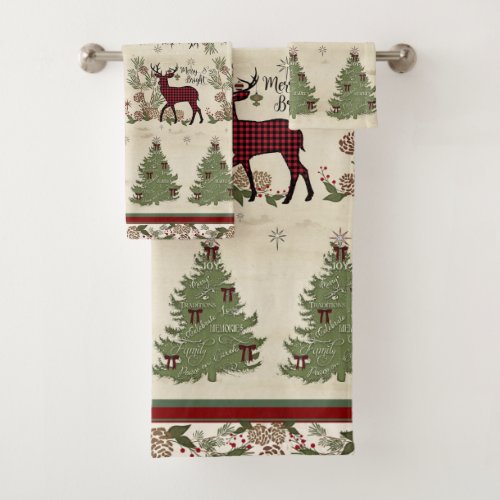 Deer Christmas Tree Typography Merry Bright Script Bath Towel Set