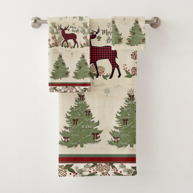 Deer Christmas Tree Typography Merry Bright Script Bath Towel Set (Insitu)