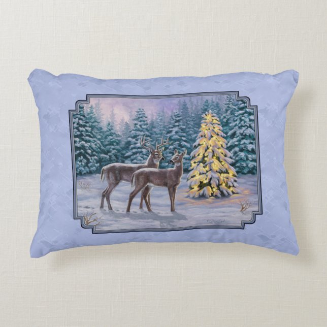 Deer & Christmas Tree Winter Blue Accent Pillow (Front)