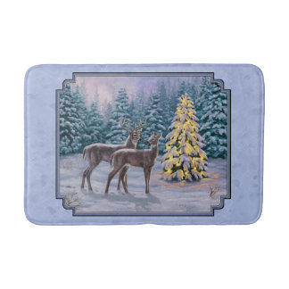 Deer & Christmas Tree Winter Blue Bath Mat