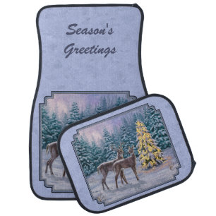 Deer & Christmas Tree Winter Blue Car Mat