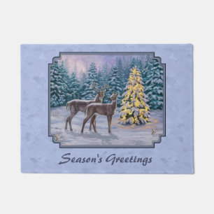 Deer & Christmas Tree Winter Blue Doormat