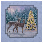 Deer &amp; Christmas Tree Winter Blue Fabric