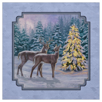 Deer & Christmas Tree Winter Blue Fabric